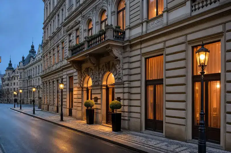 Historická fasáda hotelu v Praze za soumraku